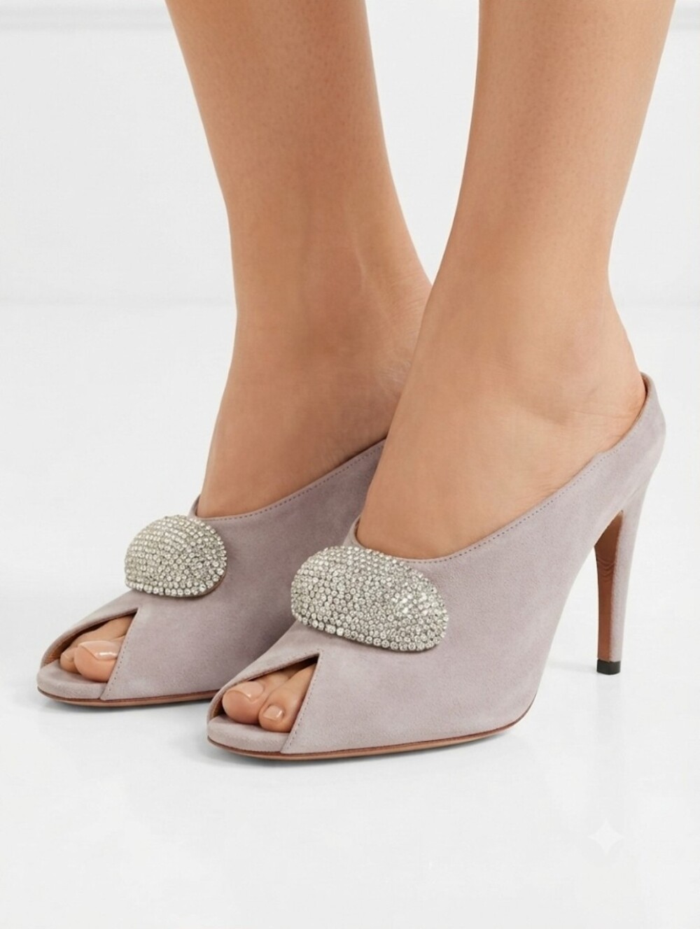 Alaia Elegant Lavender Suede Open-Toe High Heel Mules w/ Crystal Accent Size 40